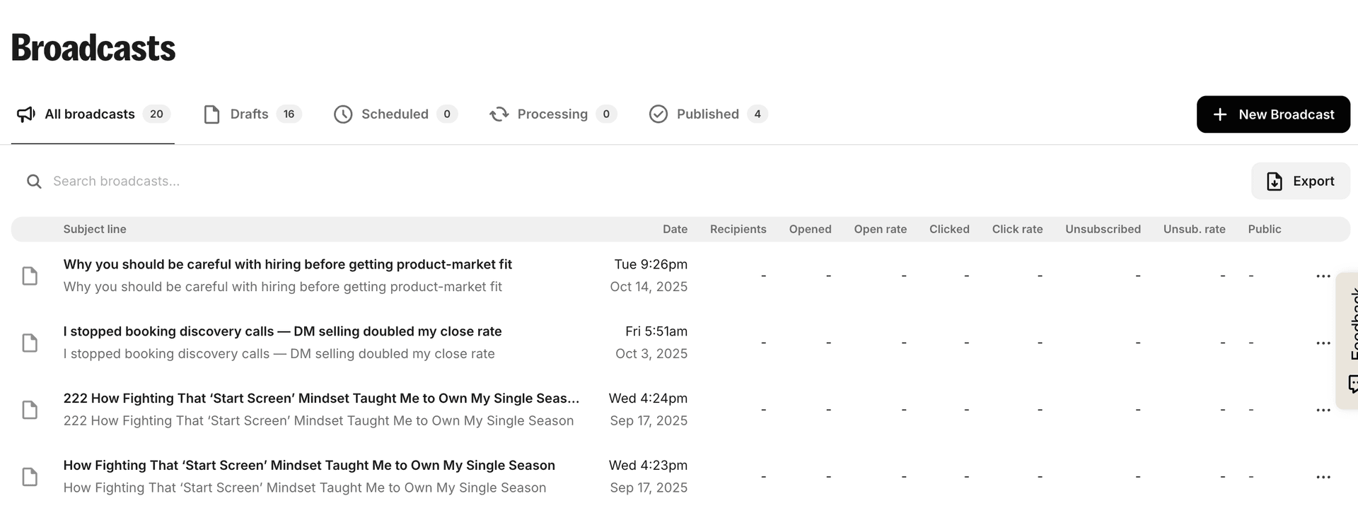 Kit broadcasts interface showing newsletter