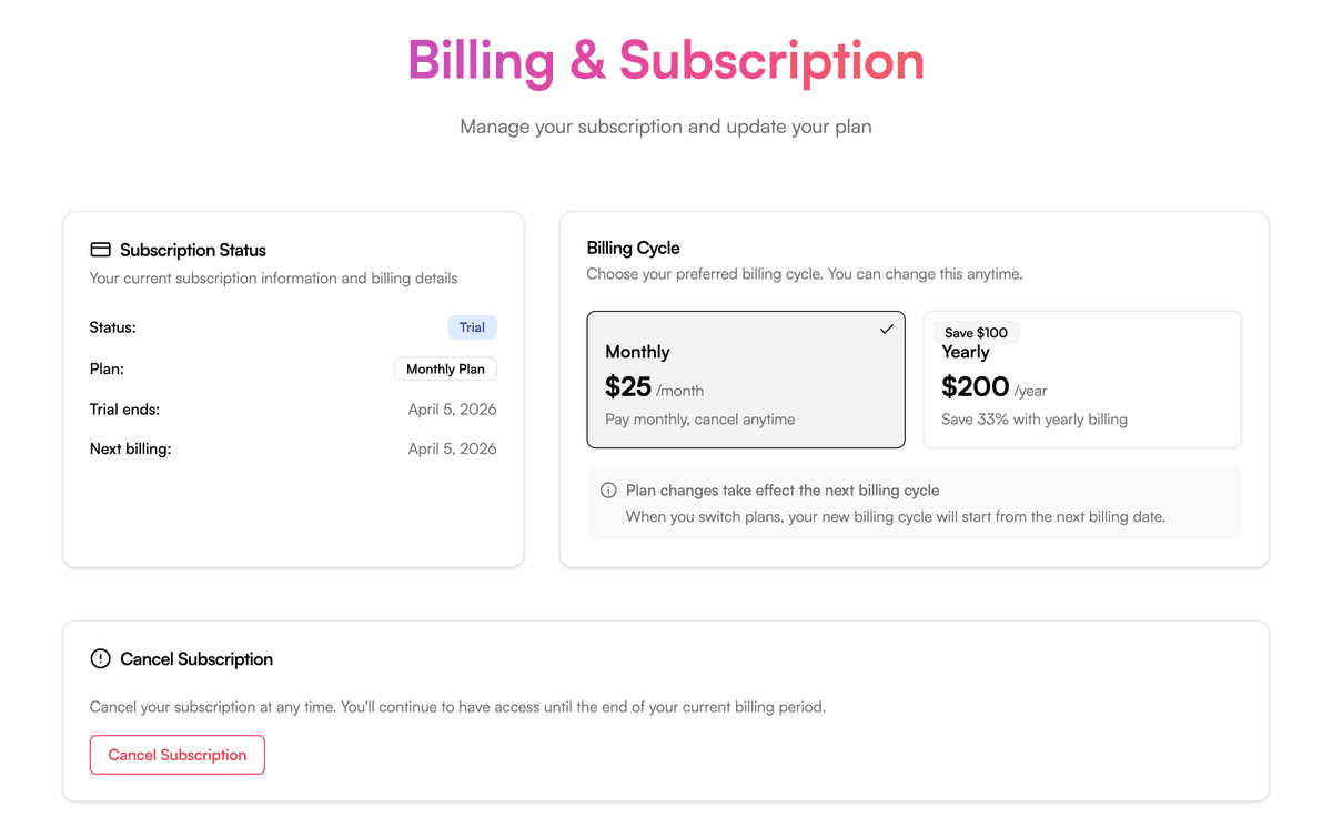 Billing page showing subscription status