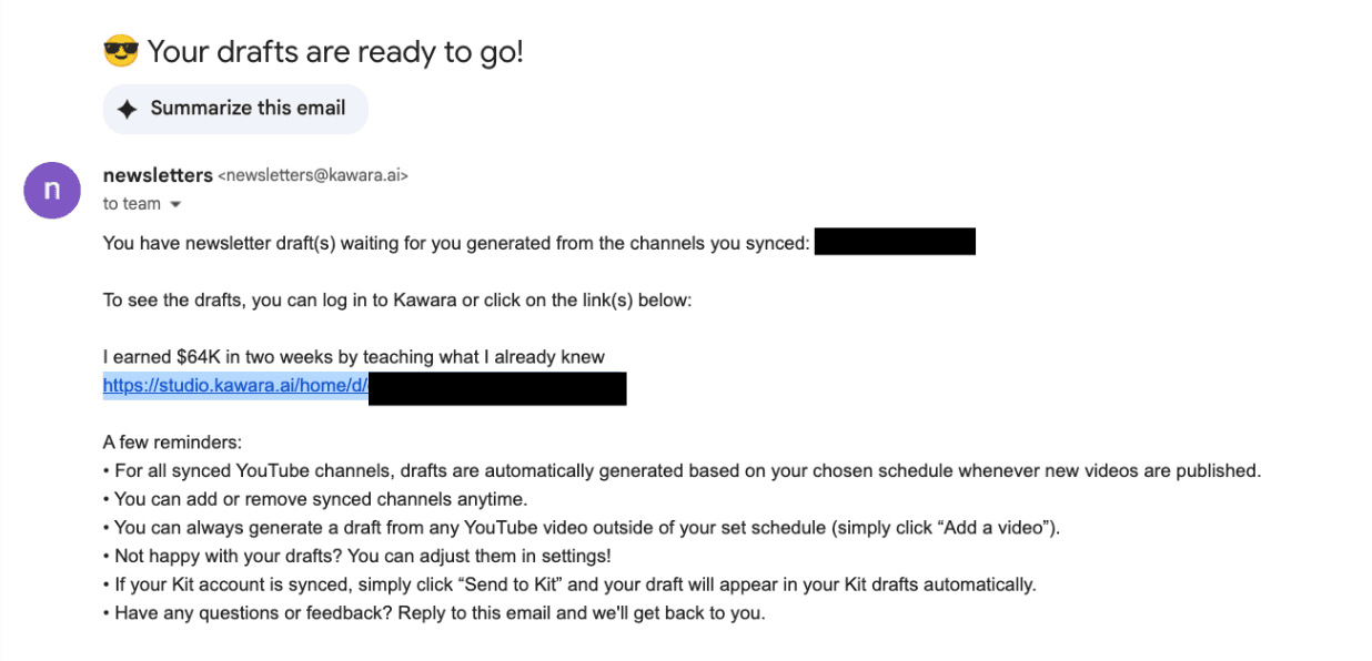 Sample automated email notification from Kawara