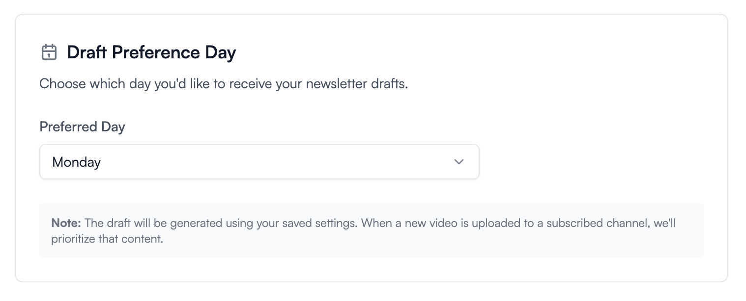 Screenshot of the draft delivery day settings